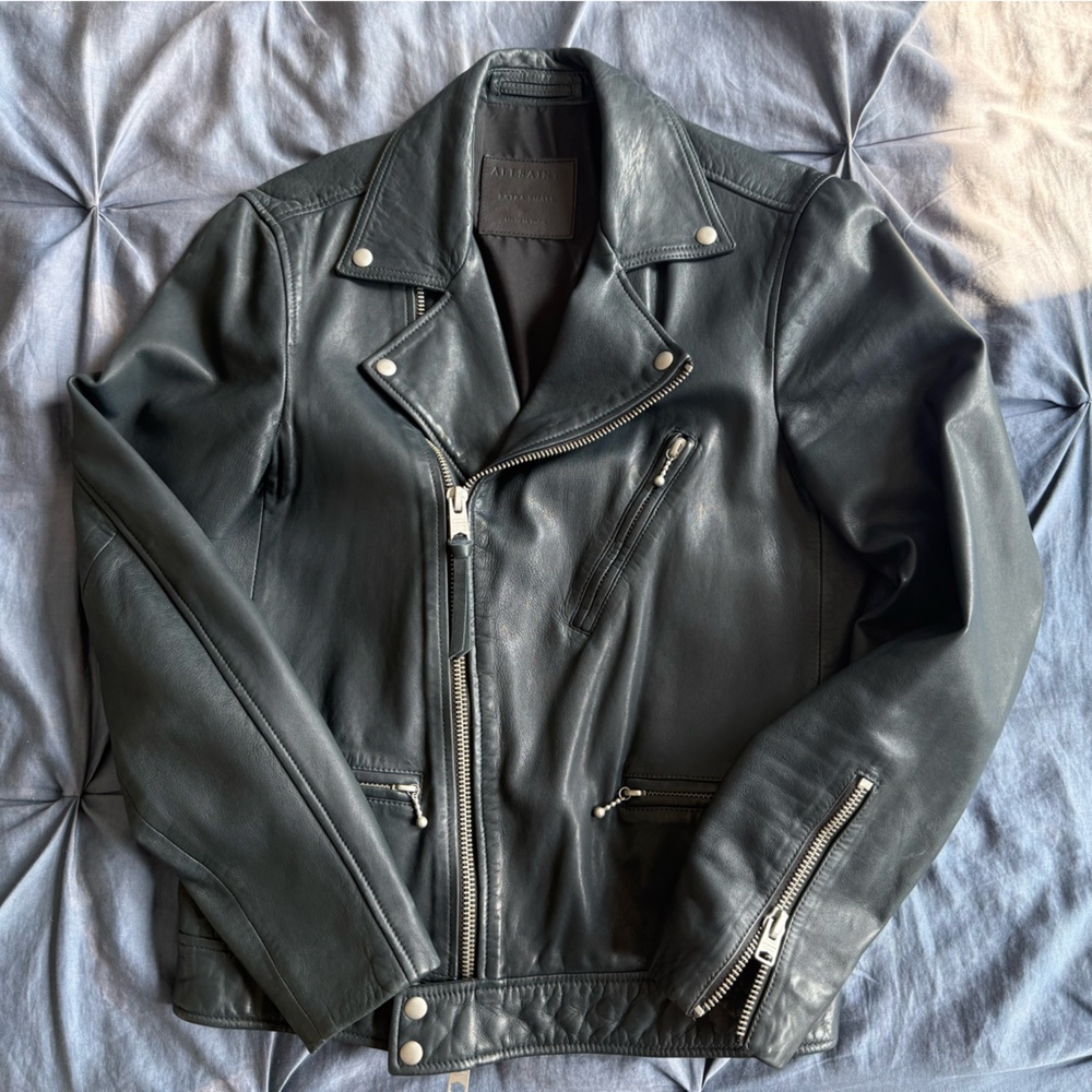 AllSaints Teal Blue Leather Biker Jacket